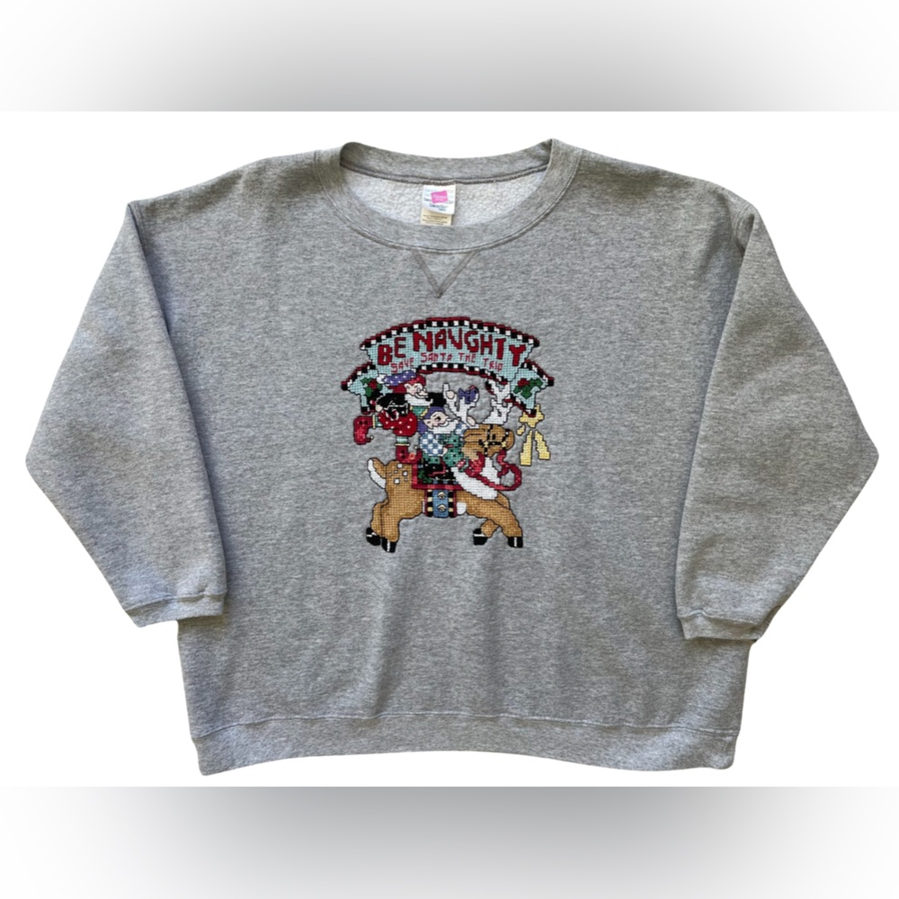 Womens Hanes Her Way ‘Be Naughty Save Santa The Trip’ Cross stitch Sweatshirt XL